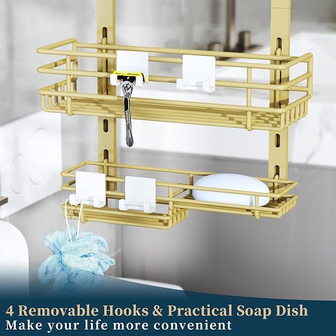 Consumest Over The Door Shower Caddy - 5 Tier Adjustable Shower Organizer Hanging with 2 Toothbrush Holders & 4 Hooks, Rustproof Organizer Shelf, Storage Rack for Bathroom, Gold - ModernBath