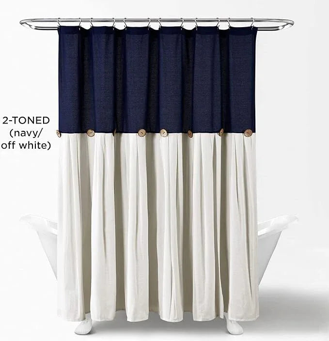 Lush Decor Linen Button Shower Curtain, 72" W x 72" L, Navy & Off White - Navy Blue Shower Curtain Fabric - Bathroom Curtain - Farmhouse Bathroom Decor - ModernBath