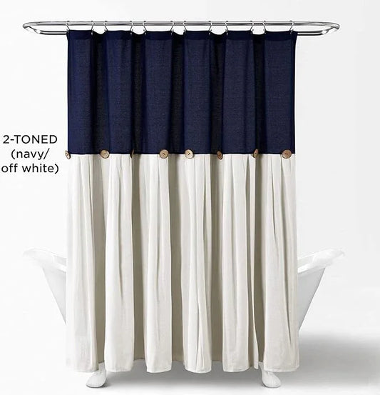 Lush Decor Linen Button Shower Curtain, 72" W x 72" L, Navy & Off White - Navy Blue Shower Curtain Fabric - Bathroom Curtain - Farmhouse Bathroom Decor - ModernBath