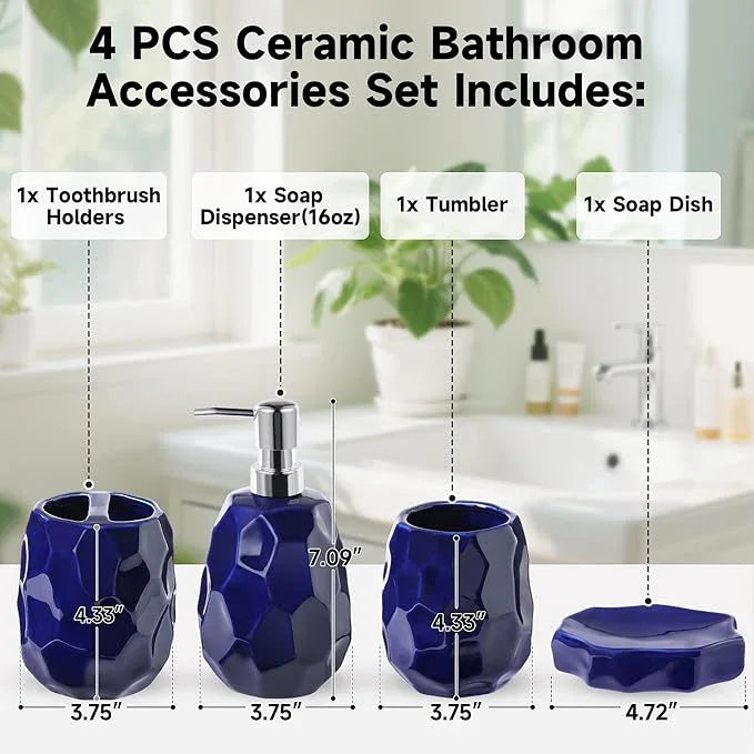 Ceramic Bathroom Accessories Set 4 PCS,Bathroom Toothbrush Holder Set,Soap and Toothbrush Holder Set,Include Toothbrush Holder,Soap Dispenser,Tumbler,Soap Dish,Bathroom Sets Decor Organizer(Navy Blue) - ModernBath