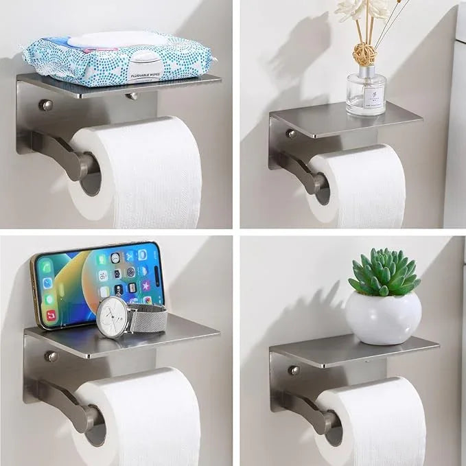 Toilet Paper Holder with Shelf - Toilet Tissue Holder with Cell Phone Shelf for Bathroom - Toilet Paper Roll Holder with Wipes Storage, Wall Mounted by Adhesive Tape or Screw - Brushed Nickel - ModernBath