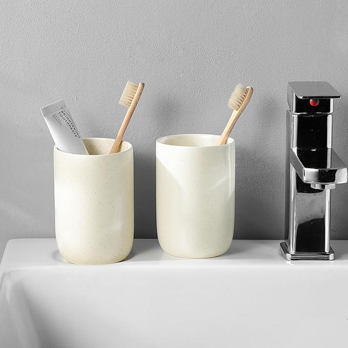 BSDISP Toothbrush Holder for Bathrooms - 1 Cup Ceramic Toothbrush Toothpaste Holder, Beige Bathroom Tumbler Cup Reusable Toothbrush Mouthwash Cup, Bathroom Counter Organizer - ModernBath