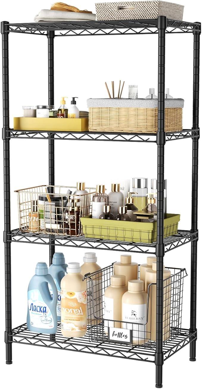 4 Tier Adjustable Storage Shelves,Heavy Duty Metal Utility Shelf 600LBS Capacity,Wire Shelving Unit Organizer Rack for Home Kitchen Office BathroomM Pantry Room 12" D x 22" W x 43.5" H Black - ModernBath