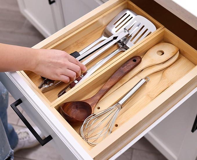 Fabsome Kitchen Utensil Drawer Organizer, Bamboo Silverware Cutlery Flatware Organizer Bins, Wooden Container Storage Trays for Bathroom Vanity Junk Drawer, 15" x 6" Set of 2 - ModernBath