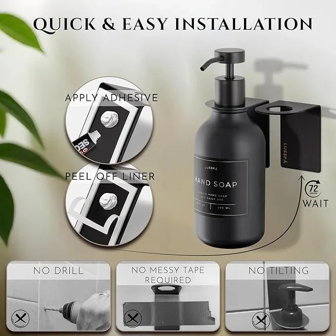 Shampoo & Conditioner Dispenser - Shower Soap Dispenser Wall Mounted - 16.9 Oz Plastic Bottle with Pump & Holder - Shampoo Dispenser - Shower Dispenser Chamber No Drill (1 X Black) - ModernBath