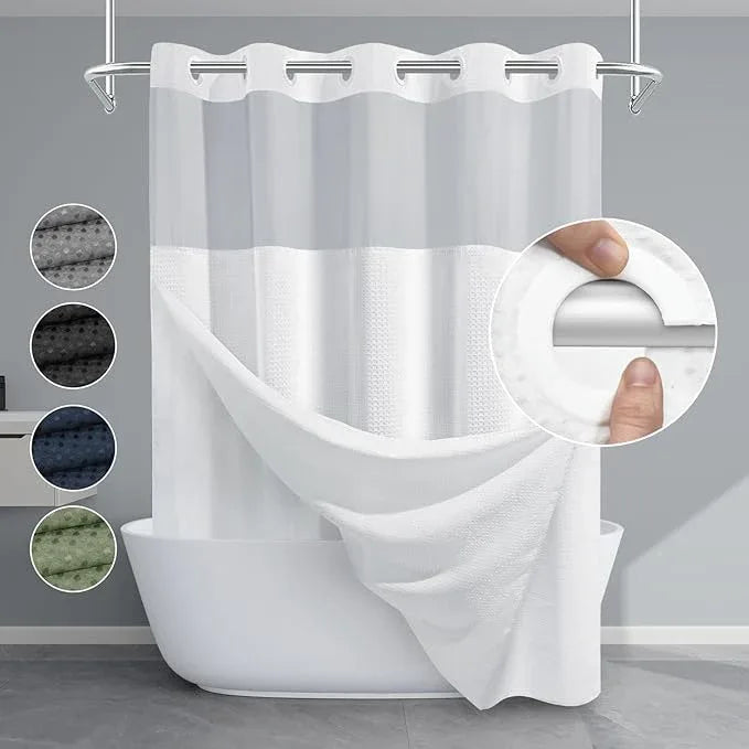 EUTXL White No Hook Shower Curtain with Snap in Liner,230GSM Waffle Weave Shower Curtains for Bathroom,71W x 74H - ModernBath