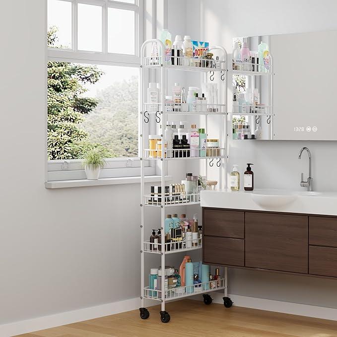 6 Tier Slim Rolling Storage Cart with Wheels, Metal Mobile Shelving Unit Organizer Utility Cart for Office Bathroom Kitchen Laundry Room Narrow Places (White 6 Inches) - ModernBath