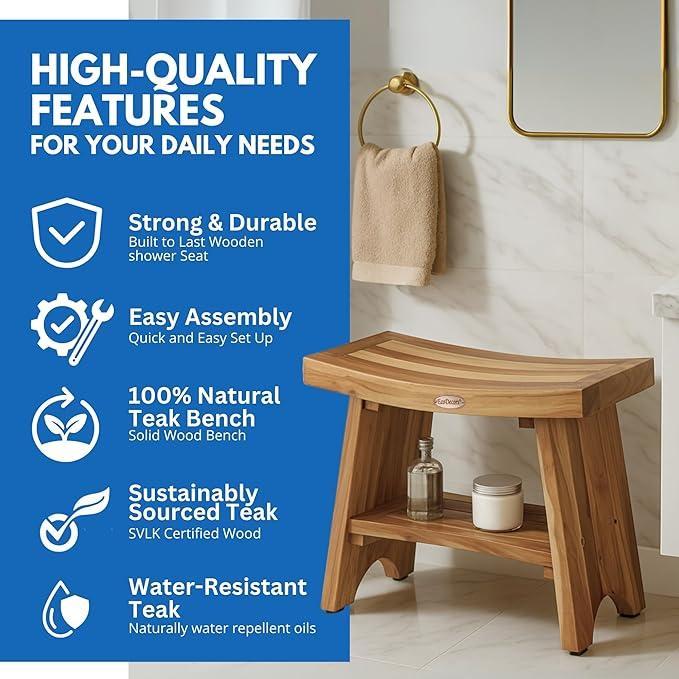 EcoDecors 24 Inch Serenity Teak Shower Bench – Waterproof Bathroom Seat with Large Storage Shelf For Adults & Seniors | Spa-Style Teak Wood Stool with Non-Slip Feet, Elegant Finish, 300 Pound Capacity - ModernBath