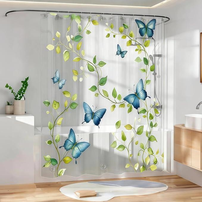 CAPQL Clear Green Vine Blue Butterfly Shower Curtain Liner, Plastic Transparent Green Plant Shower Curtains for Bathroom, 72x72 Weighted Magnetic Shower Curtain Set with 12 Hooks - ModernBath