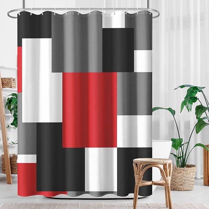 Culudea Geometric Red White Shower Curtain Set, Black and Gray Modern Bathroom Window Waterproof Shower Curtain Set for Bathroom Decor - ModernBath
