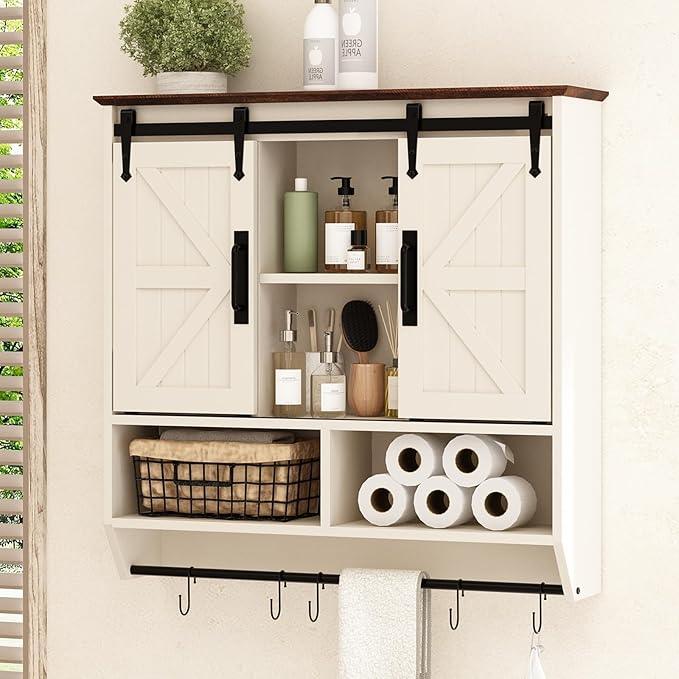 RUSTOWN Farmhouse Bathroom Wall Cabinet,3-Tier Rustic Wood Wall Mounted Cabinets,Vintage Medicine Cabinet with Sliding Barn Door and Adjustable Shelves,Over The Toilet Storage Cabinet (Vintage White) - ModernBath