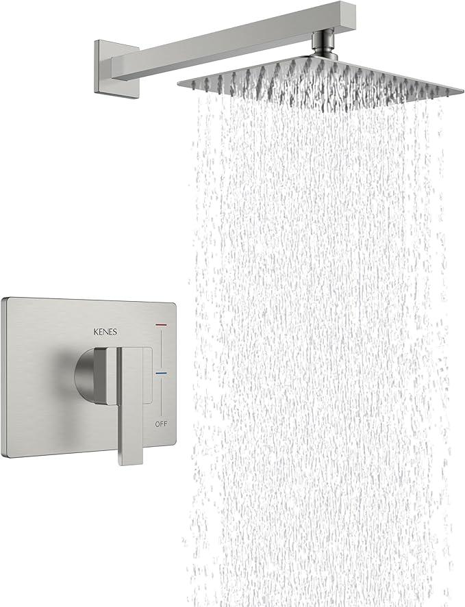 KENES Brushed Nickel 10-Inch Shower Head and Handle Set, Square Shower Faucet Set Bathroom Rainfall Shower System Wall Mount, KE-6024B (Shower Valve Included) - ModernBath