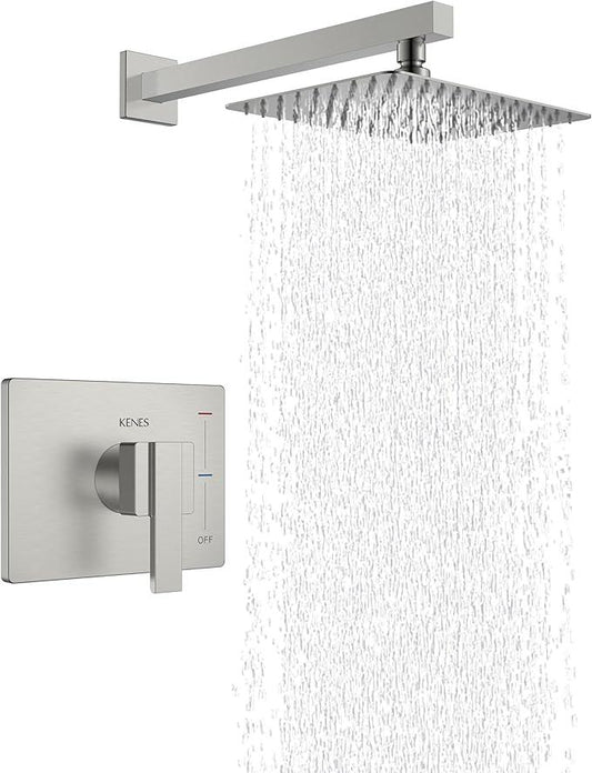 KENES Brushed Nickel 10-Inch Shower Head and Handle Set, Square Shower Faucet Set Bathroom Rainfall Shower System Wall Mount, KE-6024B (Shower Valve Included) - ModernBath