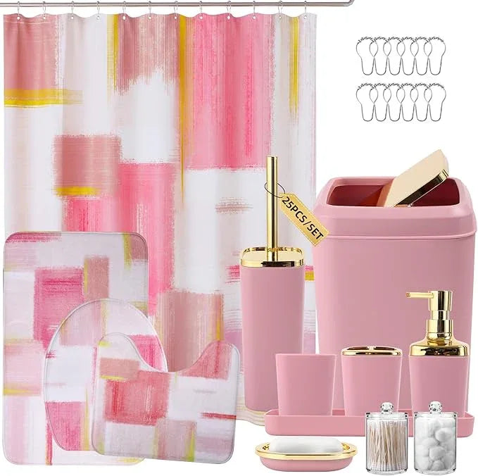 XLHOMO Bathroom Set - Pink and Gold Bathroom Accessories Set, Bathroom Sets with Shower Curtain and Rugs, Pink Shower Curtain Set with Bathroom Trash Can, Soap Dispenser, Soap Dish for Home Decor - ModernBath