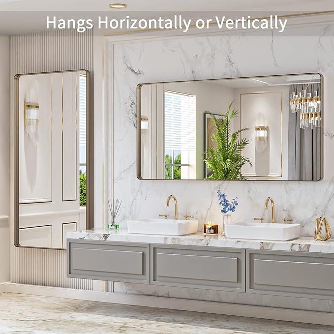 LOAAO 60”X30” Bronze Bathroom Mirrors for Vanity, Rounded Rectangle Brushed Bronze Metal Frame Mirror, Anti-Rust, Tempered Glass, Hangs Horizontally or Vertically - ModernBath