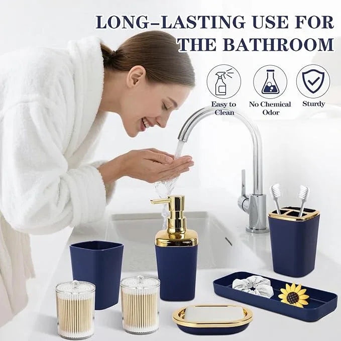XLHOMO Blue Bathroom Set, Bathroom Sets with Stripe Shower Curtain, Navy Blue and Gold Bathroom Accessories with Trash Can, Soap Dispenser, Soap Dish, Toilet Brush Holder, Qtip Holders for Bathroom - ModernBath
