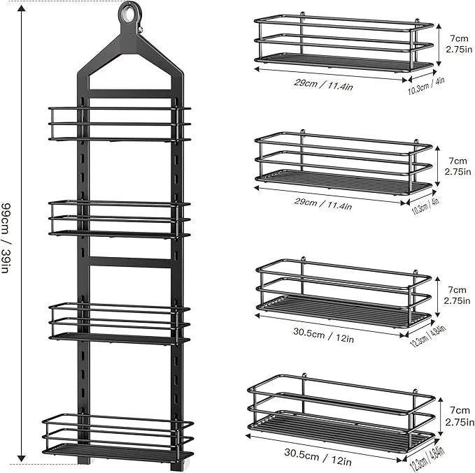 Orimade Adjustable Anti-slip Hanging Shower Caddy over Shower Head,Rustproof Bathroom Hanging shower Organizer with 4 Hooks for Razor,No Drilling Shower shelves Storage Rack,Black 4 Tier - ModernBath