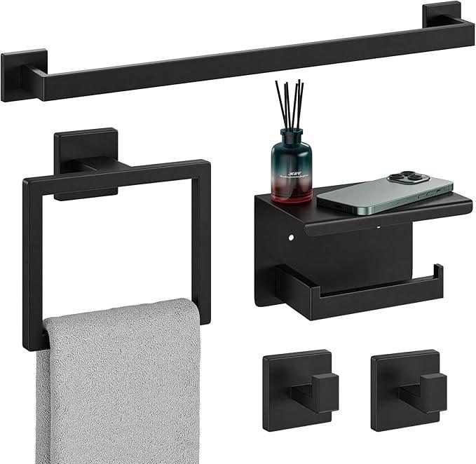 Bubxo 5-Pieces Matte Black Bathroom Hardware Set, 24 Inch Bathroom Towel Bar Set, SUS304 Stainless Steel Bathroom Hardware Accessories Set, Towel Racks for Bathroom Wall Mounted - ModernBath
