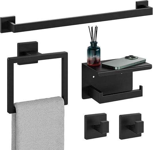 Bubxo 5-Pieces Matte Black Bathroom Hardware Set, 24 Inch Bathroom Towel Bar Set, SUS304 Stainless Steel Bathroom Hardware Accessories Set, Towel Racks for Bathroom Wall Mounted - ModernBath