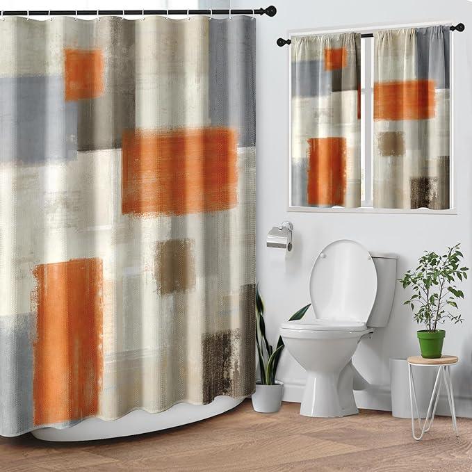 Culudea Beige Orange Painting Shower Curtain Set, Grey Contemporary Modern Bathroom Window Waterproof Shower Curtain Set for Bathroom Decor - ModernBath