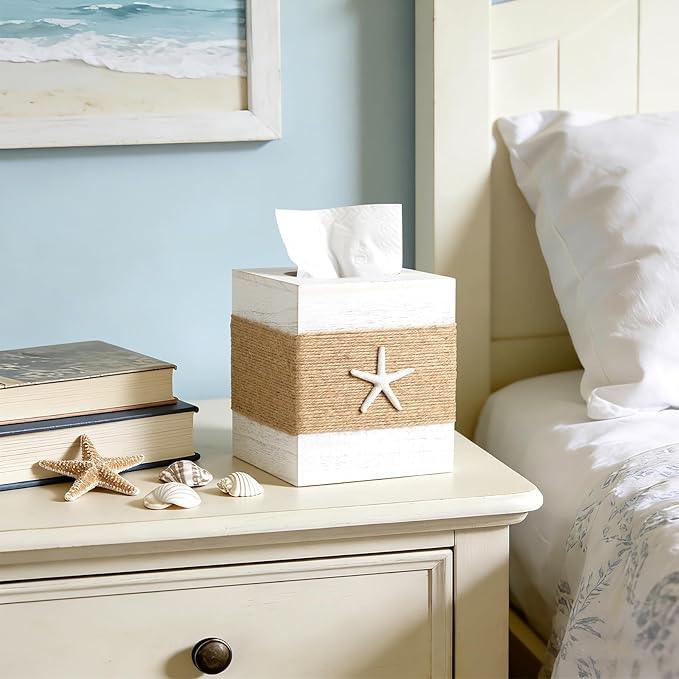 2 Pack Beach Rustic White Wood Square Tissue Box Cover with Slide-Out Bottom Panel - Beach Bathroom Decor Tissue Box Holder with Starfish for Living Room, Desk, Bedroom, Bathroom - ModernBath