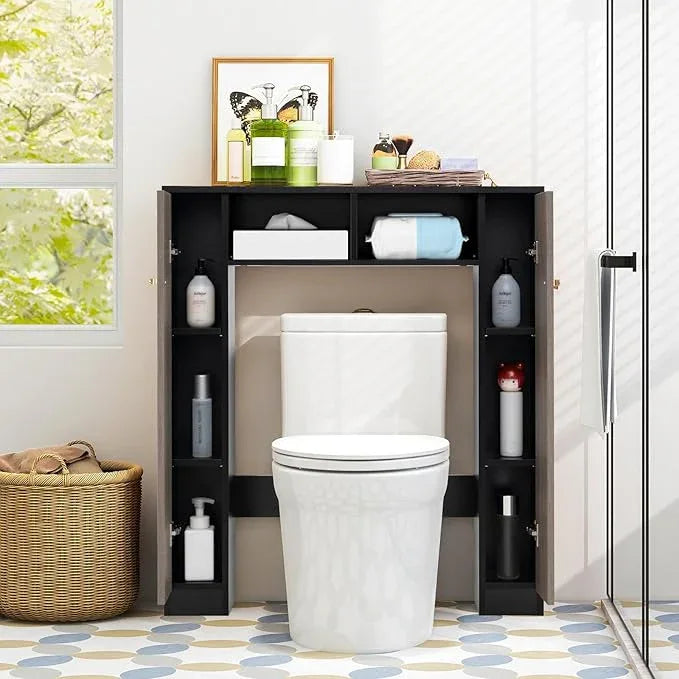 Giantex Over The Toilet Storage Cabinet, Double Door Freestanding Bathroom Organizer w/ 2 Open Compartments & 4 Adjustable Shelves, Bathroom Space Saver, Laundry Room Storage Rack (Black+Oak) - ModernBath