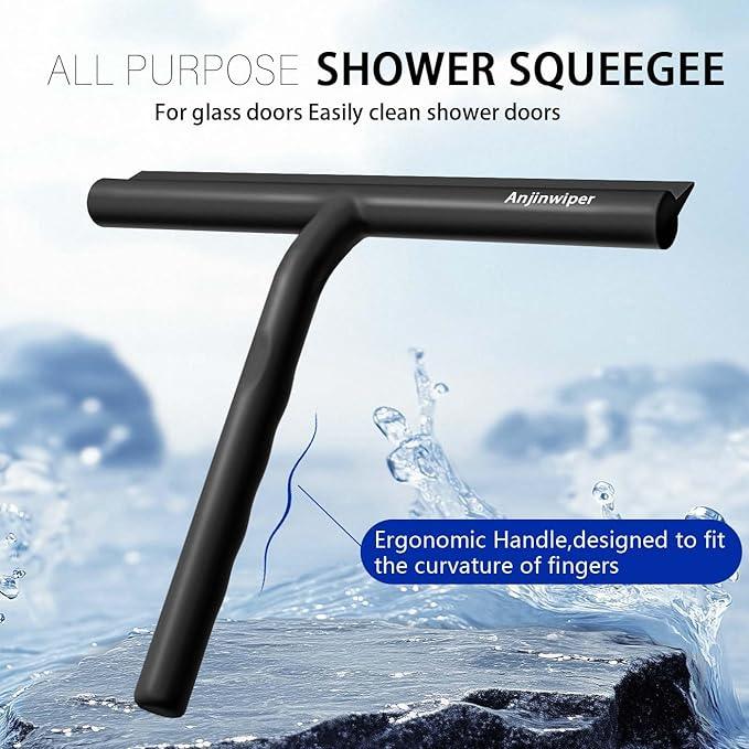 Anjinwiper All-Purpose Shower Squeegee for Glass Doors, Shower Door Squeegee with Hook, Silicone Squeegee for Bathroom, Shower Doors, Mirrors, Tiles(Black) - ModernBath