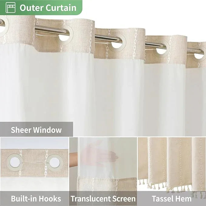 eachope Boho Farmhouse No Hook Shower Curtain Set with Snap-in Fabric Liner,Heavy-Duty Linen Textured Rustic Striped Design,Water-Repellent with Tassels and Sheer Window,Cream/Beige,71x74 - ModernBath