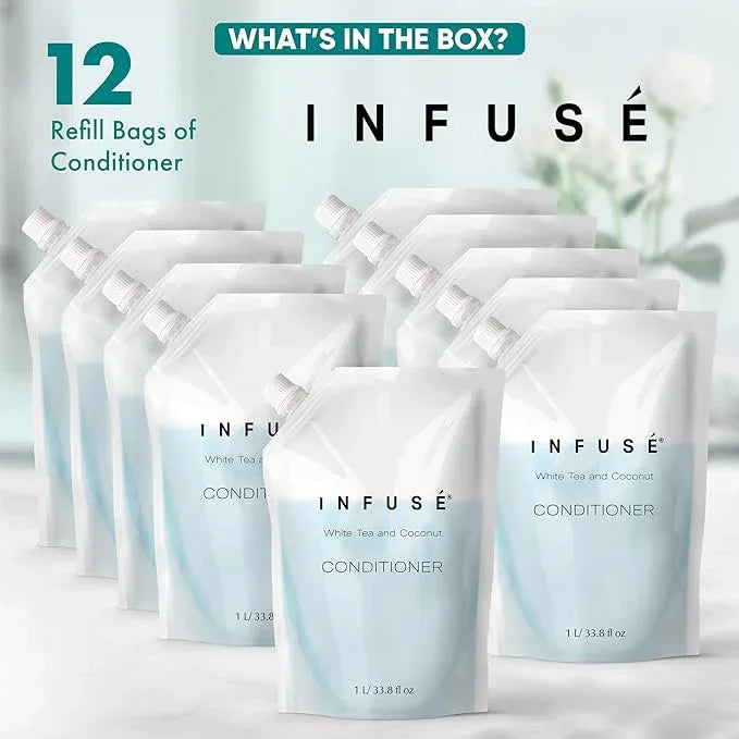 INFUSÉ 1 Liter Conditioner Refill Bag For Soap Dispensers | Bulk Toiletries for Vacation Rentals, and Home Bathroom Showers | White Tea and Coconut | Set of 12 - ModernBath