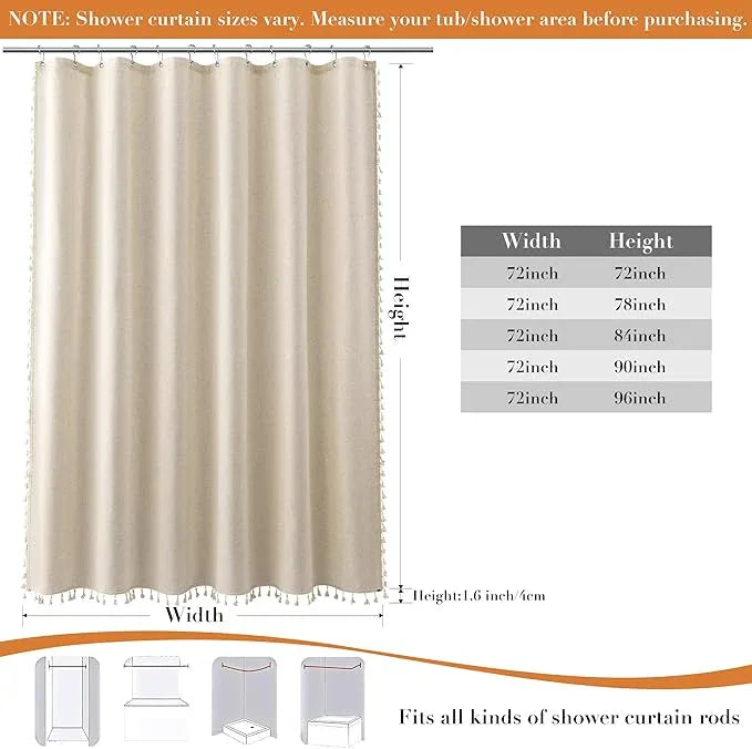 Nanspring Beige Boho Linen Shower Curtain 78 Inches Long Textured Bohemian Tassel Farmhouse Fabric Bath Curtain Set with Hooks Modern Vintage Aesthetic Shower Curtains for Bathroom Linen Color 72x78 - ModernBath