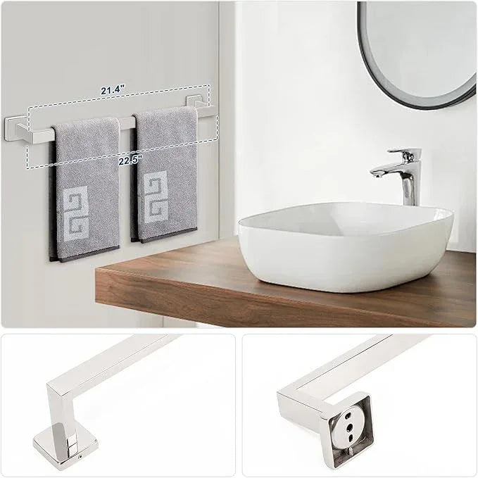NearMoon 5 Pieces Bathroom Hardware Set 304 Stainless Steel, Square Towel Rack Kit - 24" Towel Rod + Towel Ring + Toilet Paper Holder + 2 Robe Hooks, Wall Mounted Bath Accessories (Chrome Finish) - ModernBath
