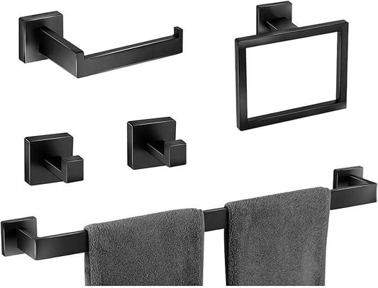Bathroom Hardware Accessories Set 5 Pieces Matte Black Towel Bar Set, Wall Mounted Towel Rack Toilet Paper Holder Stainless Steel Bath Coat Hooks 24 Inch - ModernBath