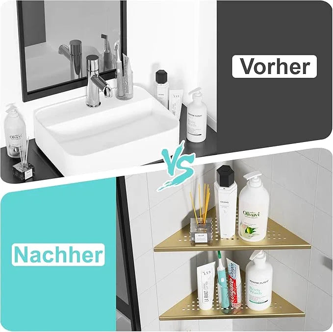 Corner Shower Shelves, 10” Recessed Tile Shower Shelf Brushed Golden, 304 Stainless Steel Grout in Corner Tile Shower Shelves, No Drilling, 2 Pack - ModernBath