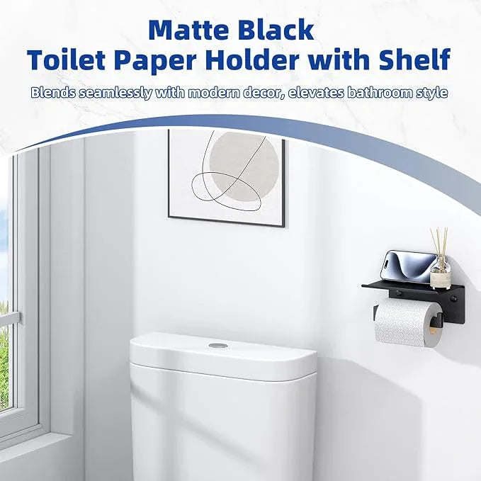 APLusee Toilet Paper Holder with Shelf Matte Black, 304 Stainless Steel Tissue Holder, Wall Mounted - ModernBath