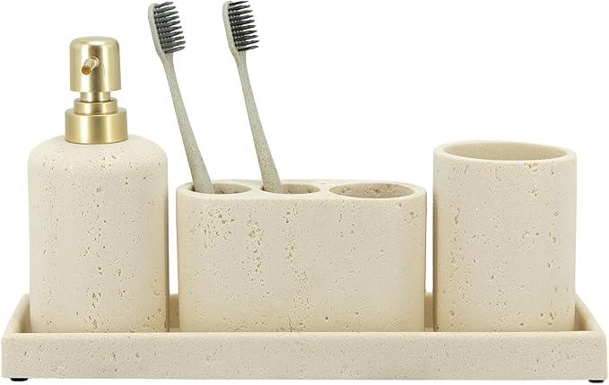 ZCCZ -Beige Bathroom Accessories Set 4 Pcs - Toothbrush Holder, Soap Dispenser, Vanity Tray, Bathroom Tumbler - Countertop Vanity Organizer - Bathroom Accessory Set- Toothbrush Holder Set, Stone Sets - ModernBath