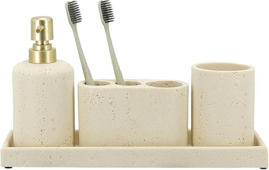 ZCCZ -Beige Bathroom Accessories Set 4 Pcs - Toothbrush Holder, Soap Dispenser, Vanity Tray, Bathroom Tumbler - Countertop Vanity Organizer - Bathroom Accessory Set- Toothbrush Holder Set, Stone Sets - ModernBath