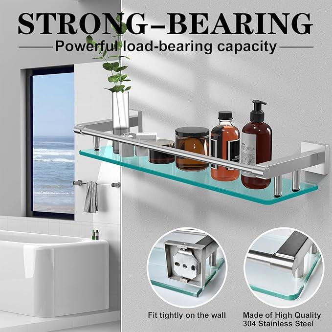 20 Inches Glass Shelf for Bathroom, Brushed Nickel Glass Shelves for Wall with Smooth Stainless Steel Railing, Modern Tempered Glass Organizer Shelf - ModernBath