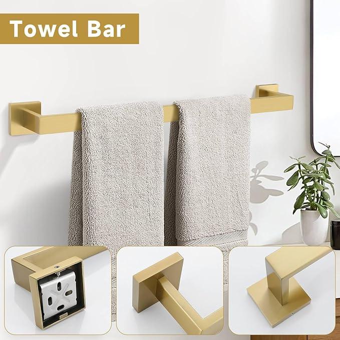 10-Piece Bathroom Hardware Accessories Set-Brushed Gold Towel Bar, Holder & Racks-SUS304 Stainless Steel-Wall Mounted,23.6-Inch - ModernBath