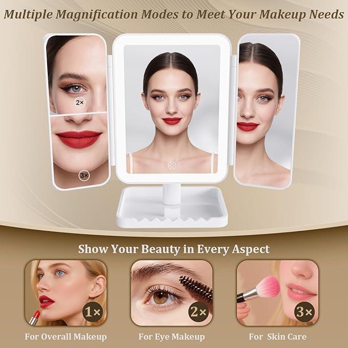 DailyCuddles Makeup Mirror Vanity Mirror with Lights, 3 Color Lighting Modes, 1X/2X/3X Magnification, Tri-fold, 360° Rotation, Phone Holder for Makeup, 2000mAh Rechargeable, Bedroom, Bathroom, (White) - ModernBath