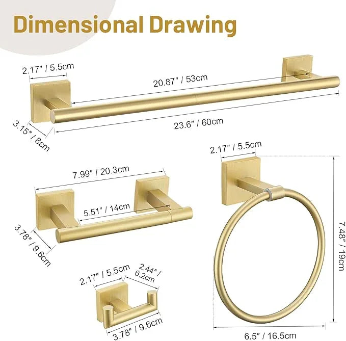 Brushed Gold Bathroom Hardware Set, 5-Piece Bath Towel Bar Set with 23.6” Towel Bar, Towel Ring, Toilet Paper Holder, Two Hooks, SUS304 Towel Racks for Bathroom Wall Mounted - ModernBath