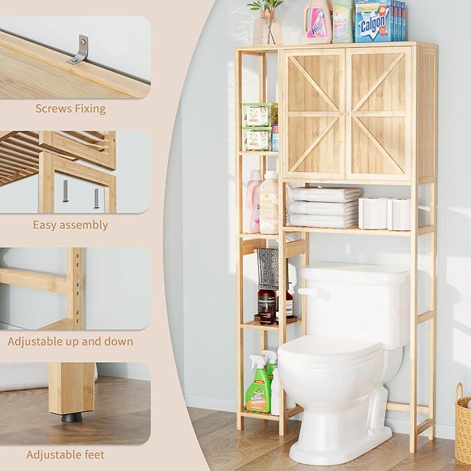 Bamboo Over The Toilet Storage, Above Toilet Organizer Storage Shelf Stand, Tall Freestanding Behind Toilet Rack, Tiered Bathroom Space Saver Shelving, Easy Assembly (Natural) - ModernBath
