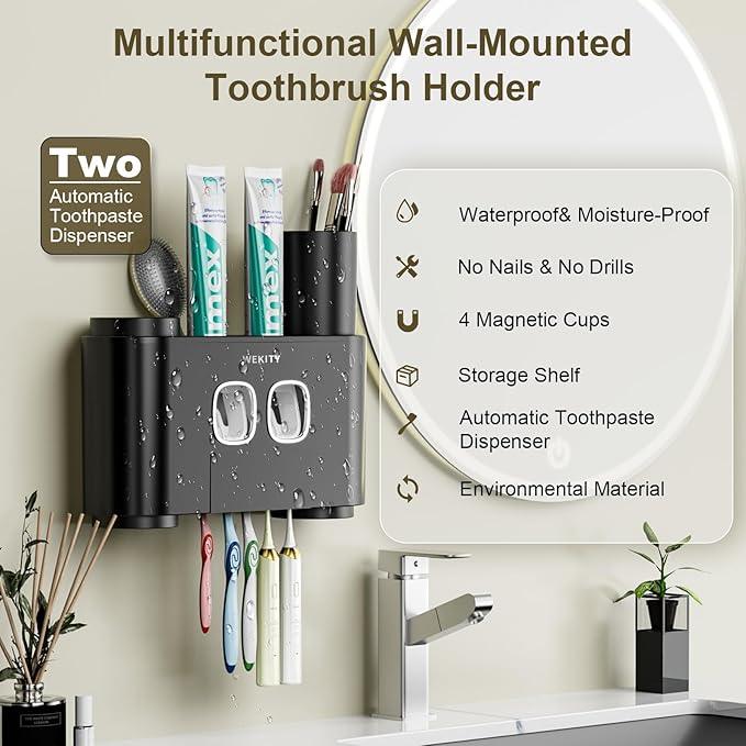 Toothbrush Holder Multi-Function Wall-Mounted, Automatic Toothpaste Dispenser & Dust-Proof Toothbrush Holder with 5 Brush Slots 4 Cups 2 Automatic Toothpaste Dispensers 1 Storage Slot (Black) - ModernBath