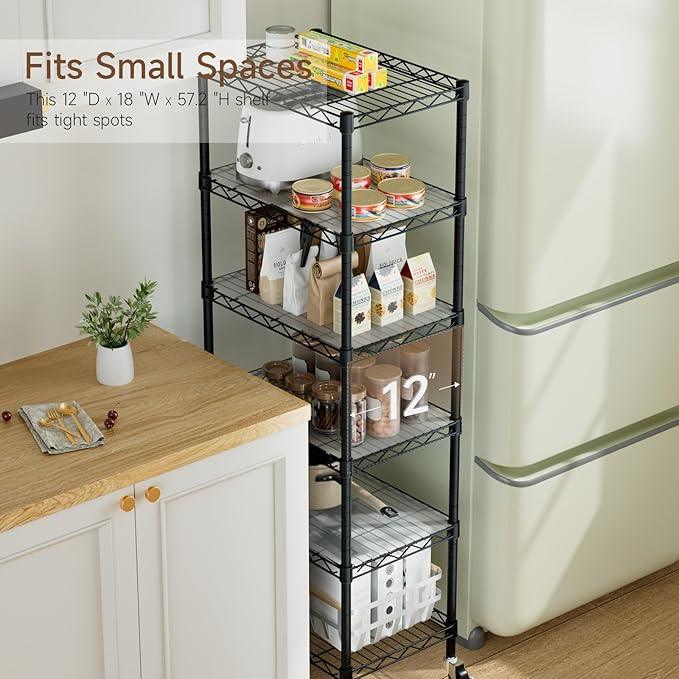 Small 6 Tier Shelves Storage Wire Shelving Unit Metal Shelf Adjustable Organizers Storage Shelving with Wheels for Bathroom Laundry Room Kitchen Pantry12”D x 18”W x 61.6”H Black - ModernBath