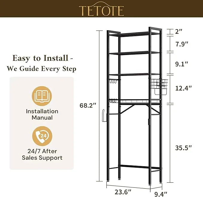 TETOTE Over Toilet Bathroom Organizer, 4-Tier Bathroom Over The Toilet Storage with Adjustable Shelf and Basket, Freestanding Space Saver Bathroom Shelves Above Toilet for Room(Black) - ModernBath