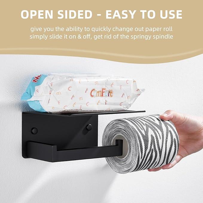 Angle Simple Toilet Paper Holder with Shelf Matte Black, 304 Stainless Steel Lavatory Tissue Roll Holder for Wall - ModernBath