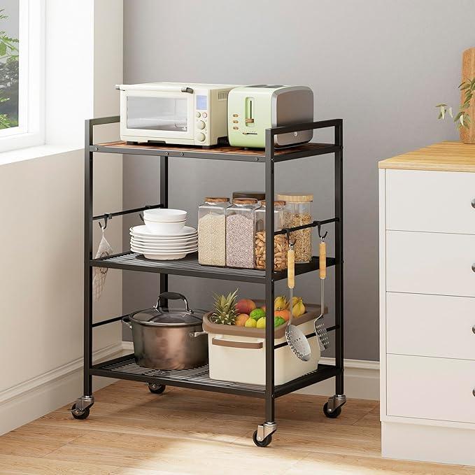 3-Tier Metal Storage Rack with Industrial Wheels,Mesh Shelving Unit with Wooden Table top,Adjustable Shelf,23.6-Inch Width,15.8-Inch Depth, for Kitchen, Laundry,Pantry,Plant,Black - ModernBath