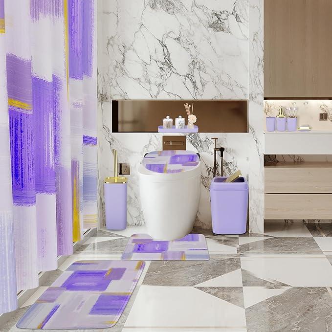 XLHOMO Bathroom Set - Purple and Gold Bathroom Accessories Set, Bathroom Sets with Shower Curtain and Rugs, Purple Shower Curtain Set with Bathroom Trash Can, Soap Dispenser, Soap Dish for Home Decor - ModernBath
