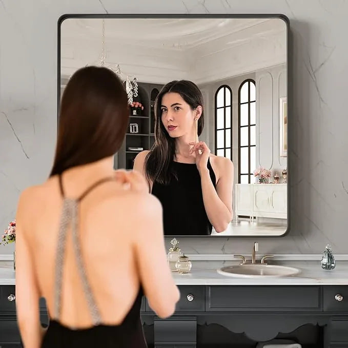 LOAAO 32X32 Inch Black Metal Framed Bathroom Mirror for Wall, Matte Black Bathroom Vanity Mirror Farmhouse, Anti-Rust, Hangs Horizontally or Vertically - ModernBath