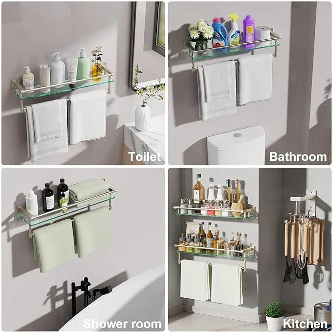 Glass Bathroom Shelf with Towel Bar, Stainless Steel Tempered Towel bar/Track Glass Bathroom Shelves Wall Mount Over The Toilet (Brushed Nickel, 20-inch) - ModernBath