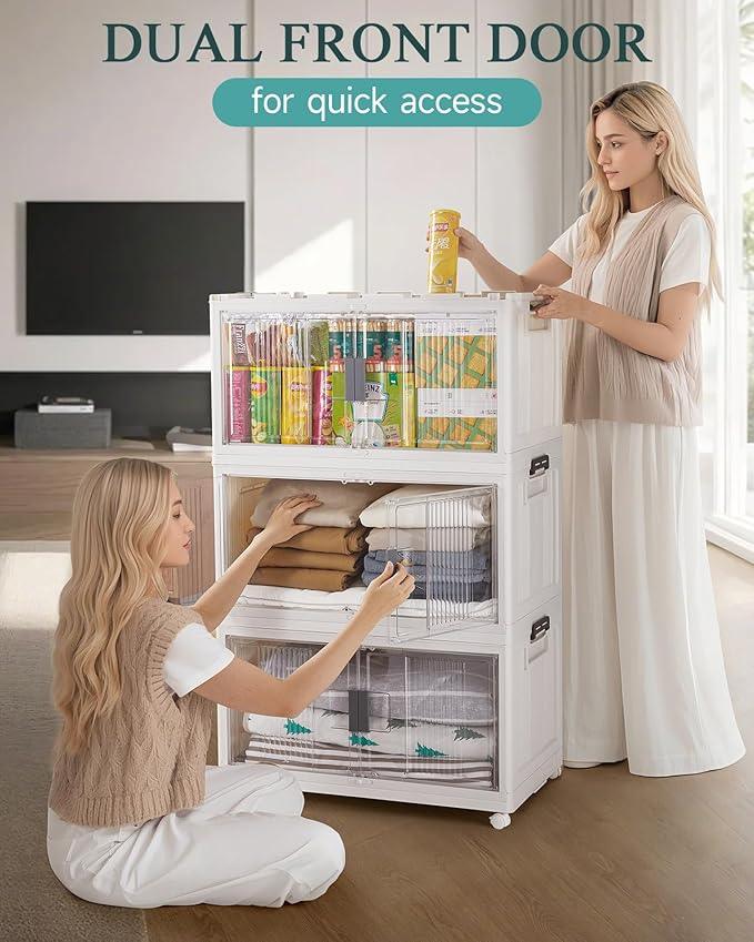 OlarHike 97QT Stackable Storage Bins with Lids - Folding Storage Box with Doors and Wheels, Collapsible Plastic Storage Drawers for Closets, 5 Pack Cubes - ModernBath